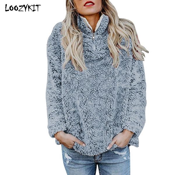 

loozykit women turtleneck soft faux fur jacket autumn winter warm fleece teddy pullover coat casual long sleeve hoodie outwear, White;black