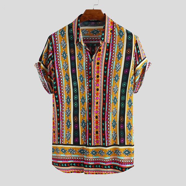 

2020 retro print men casual shirt lapel neck ethnic style shirt short sleeve men camisa blouse streetwear hawaiian, White;black
