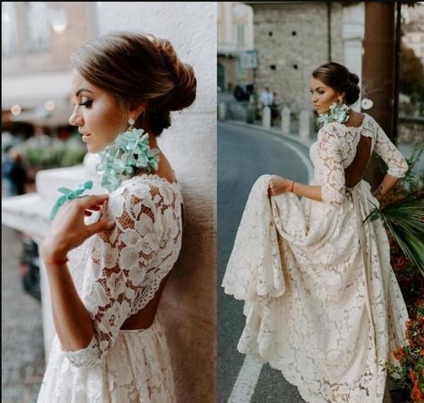 2020 Bellissimi abiti da sposa Boho aperti sul retro in pizzo con maniche a 3/4 backless Bohemian Country Plus Size Abiti da sposa abiti da sposa