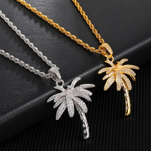 

bling iced out micro paved cz palm tree pendants & necklaces for men hip hop rapper jewelry with tennis chain, Silver