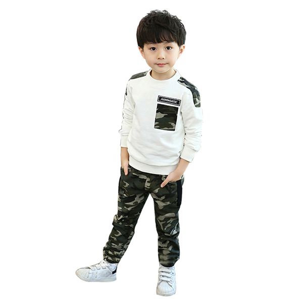 

children baby clothes for boys camouflage pattern 2pcs autumn cotton long sleeve casual t-shirt pants outfits set 3-12y, White
