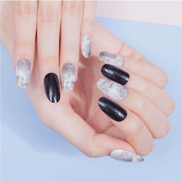 

24pcs with glue women manicure decorations detachable black fake nails full cover round head full cover artificial nail tips tn, Red;gold