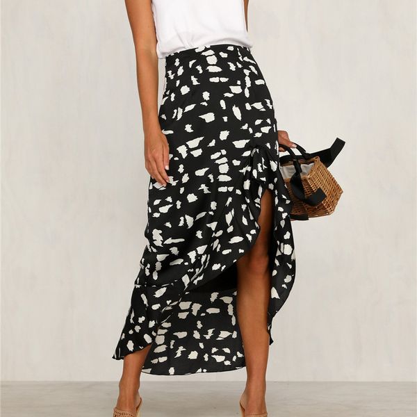 

aprilgrass brand designer women summer beach casual maxi skirt boho floral print lace up long skirts female skirt, Black