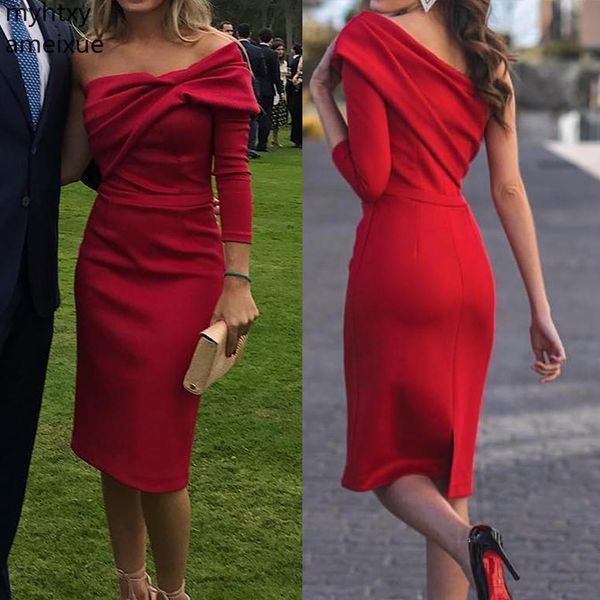 

red length prom dress one shoulder short paragraph long sleeves slit women formal cocktail gown simple short girl plus size prom, White;black