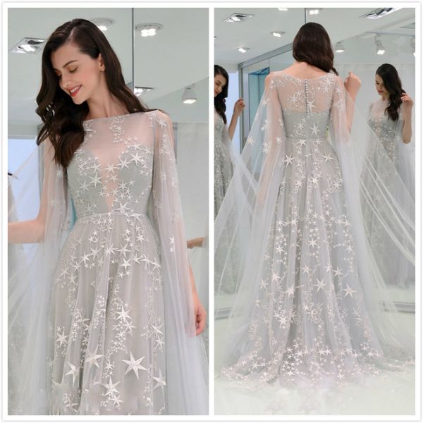 

elegant unique design prom dresses with wraps 2020 sheer neck star appliques party dress vestidos de fiesta, Black
