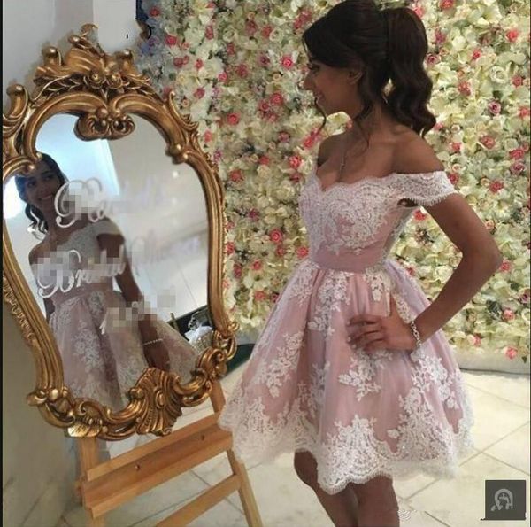 

pink cocktail dresses 2019 a-line off the shoulder tulle appliques lace short mini elegant homecoming dresses, White;black