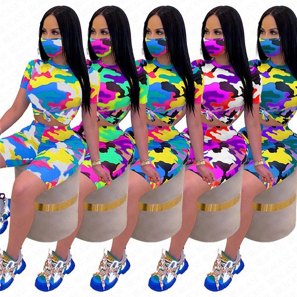 

women tracksuit camouflage round neck short sleeves t shirt shorts face mask three piece suit outfits casual fashion home sports suit d62915, White