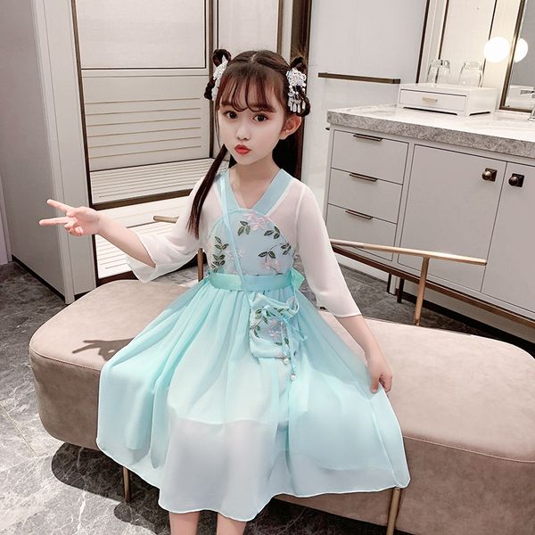 

girl's 20 summer new ancient clothes han suit big children's super xianru skirt little theme costume ethnic clothing girl's c, Red