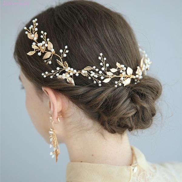 

jonnafe boho gold leaf wedding long hair comb pearls bridal jewelry handmade women prom hair piece accessories, Golden;white