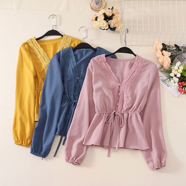 

women's blouses & shirts 2021 fall lace long sleeve v-neck solid blouse sashes casual woman clothes shirt women chemisier femme s22, White