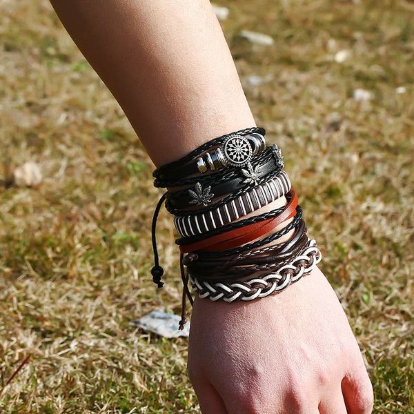 

6шт / комплект vintage кожаный браслет мода ручной вязки многослойный кожаный браслет перо листьев и людей способа браслет подарков, Black
