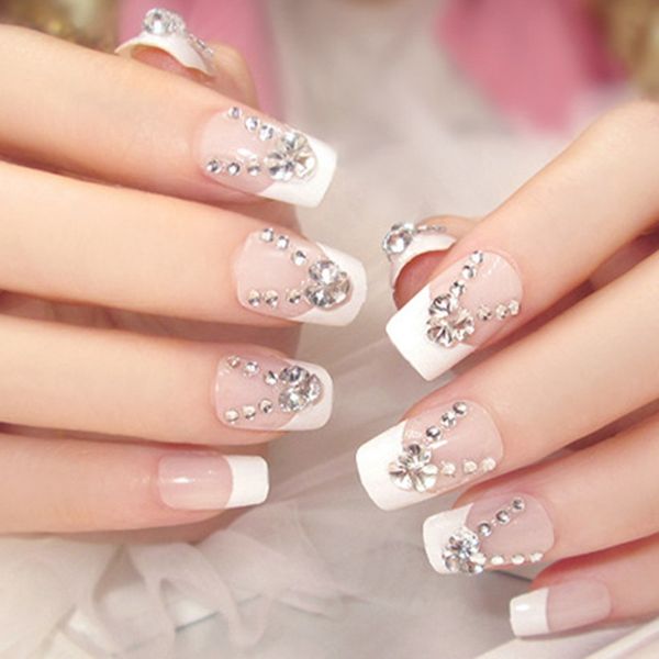 

24pac/set rhinestone white fake nails bride nails full cover middle fake fashion girls, Red;gold