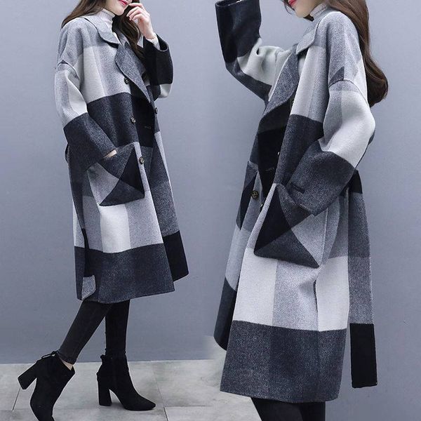 

plaid trench coat for women double breasted long cardiganthickened overcoat casual women clothes 2019 windbreaker ladies coat, Tan;black