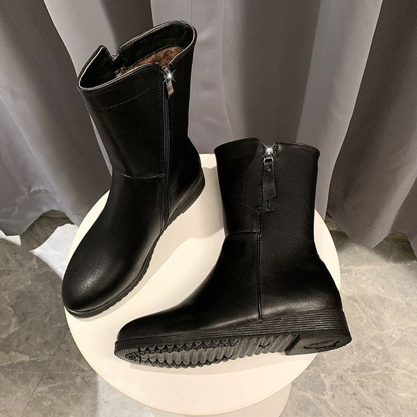 

fashion 2019 leather boots women's middle-tube autumn winter boots flat ladies shoes large size women's warm boot botas mujer, Black