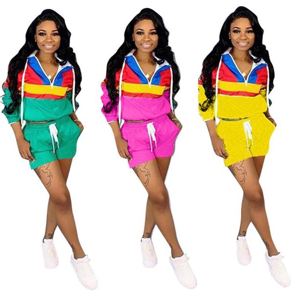 

2019 pring ummer patchwork color track uit women long leeve zipper turtleneck hoodie hort pant 2 piece et port uit 2xl a3193