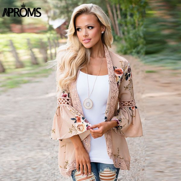 

fashion-aproms flare sleeve crochet lace chiffon coat women 3/4 sleeve floral print kimono ladies casual autumn open front outwear, Black;brown