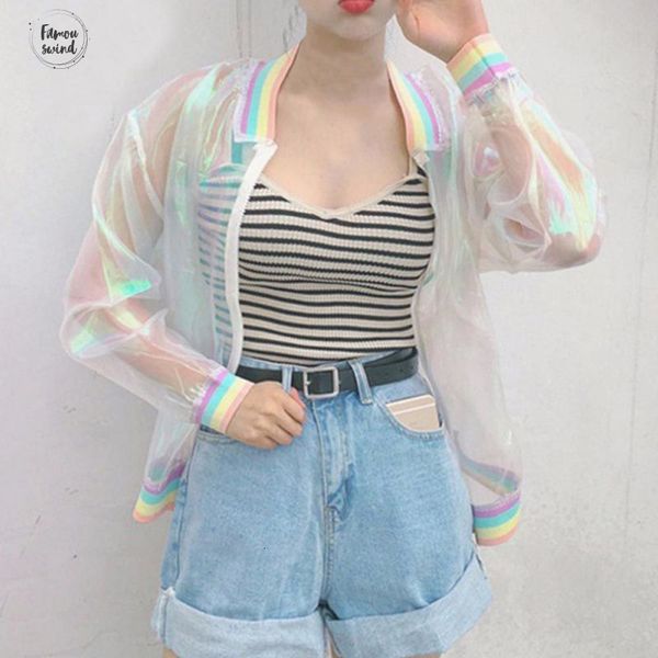 

куртка женщин лазерная радуга симфонический голограмма женщины пальто ruched радужные прозрачный sunproof бомбы куртка перевозка груза паден, Black;brown