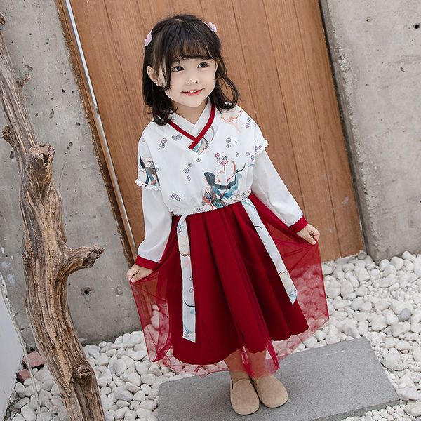 

2019 spring new girls national dress suit + long dress children's tang suit baby girls clothing, Red;yellow