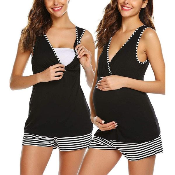 

women's sleepwear 2pcs women feeding casual maternity sleeveless nursing baby vest +stripe shorts pajamas set pizama do karmienia, Black;red