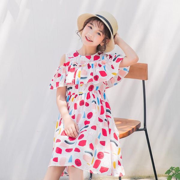 

100% cotton red blue yellow dress for girls 2020 summer girls dress off shoulder kids clothes children's spring teen, Red;yellow