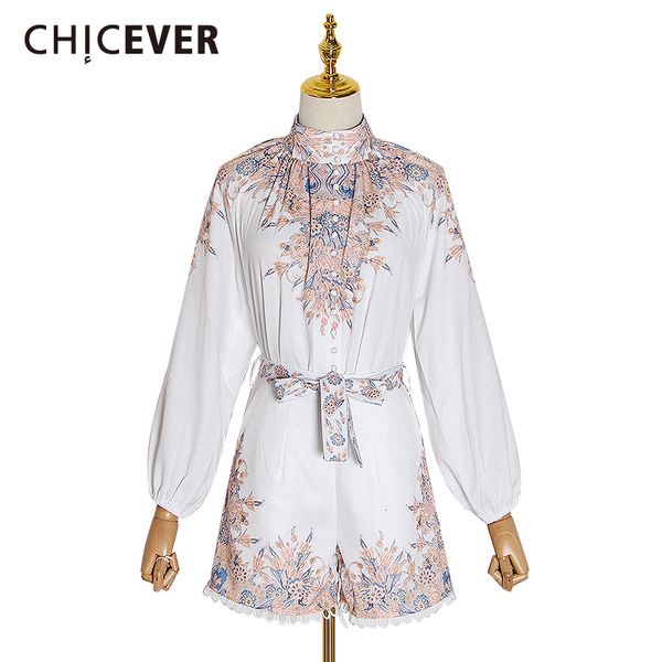 

chicever print hit color two piece sets women turtleneck lantern sleeve shirts high waist lace up shorts casual suits female new, White