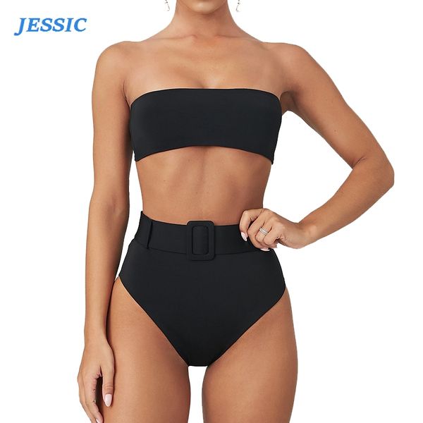 

jessic high waist bikini 2020 black high leg bandeau set swimwear female two pieces swimsuit women bathing suit biquini, White;black
