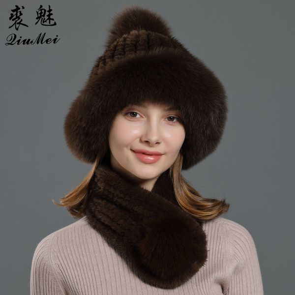 

winter scarf and cap real knitted warm ears hold fur natural classic brown black color fur set of hat scarf women, Blue;gray