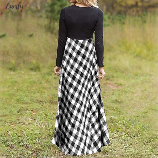 

womens plaid dress ladies causal long sleeve empire waist full length maxi dress with pockets vestidos verano new, Black;gray