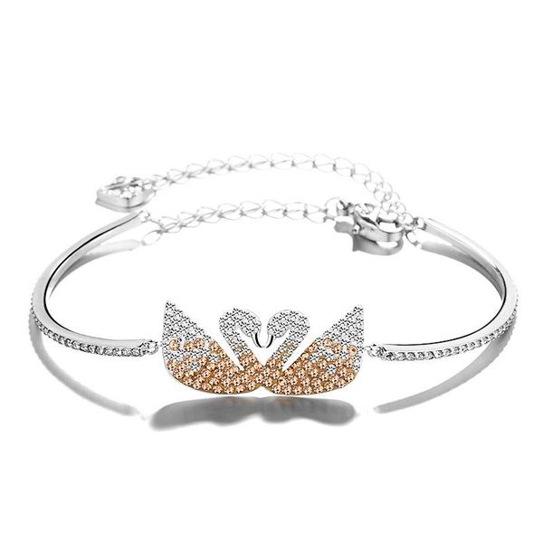 

swan brand new 925 silver градиент кристалл браслет романтический двухместный swan мода свадебные ювелирные изделия браслета подарков, Golden;silver