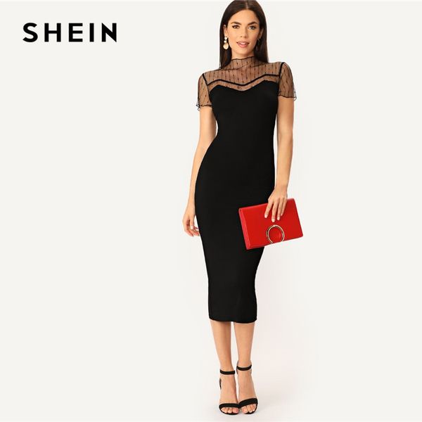 

shein black striped mesh yoke pencil straight plain dress women casual 2019 summer morden lady stand collar bodycon dresses, Black;gray
