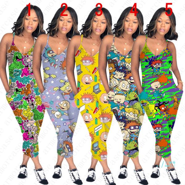 

women jumpsuit luxury colorful cartoon printed brand sleeveless siamese trousers romper beach playsuit summer jumpsuits long pants d5708, Black;white