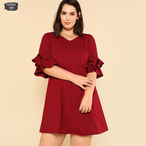 

burgundy ruffle sleeve elegant shift dress plus size swing v neck women dress women clothes mini dresses, Black;gray