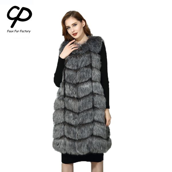 

cp faux fur factory faux fur vest women winter warm artifical waistcoat middle long coat ladies furs wholesale, Black