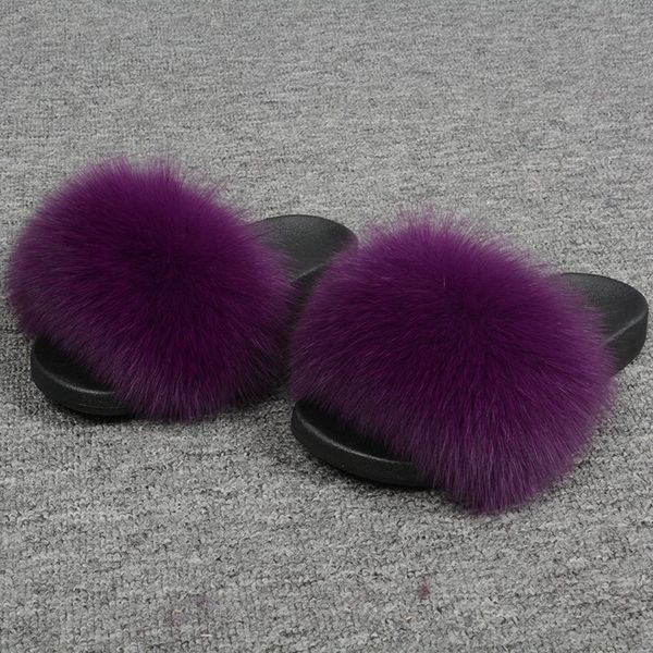 

2019 real fox fur slippers woman fashion sliders outdoor fur sandals, Black