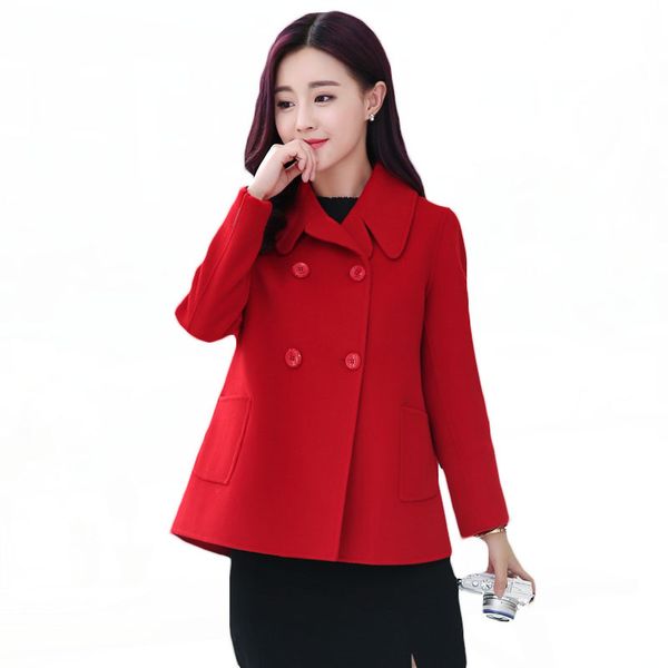 

2018 autumn winter new short woolen coat female temperament was thin double breasted loose plus size cloak red wool coat lq221, Black