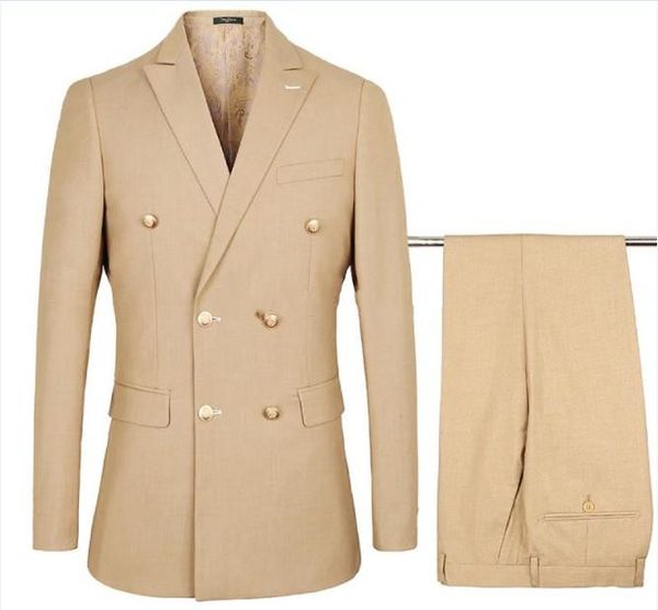 Side Vent Zweireihig Beige / Marineblau / Schwarz / Blau Hochzeit Bräutigam Smoking Peak Revers Groomsmen Herrenanzüge (Jacke + Hose + Krawatte) 252