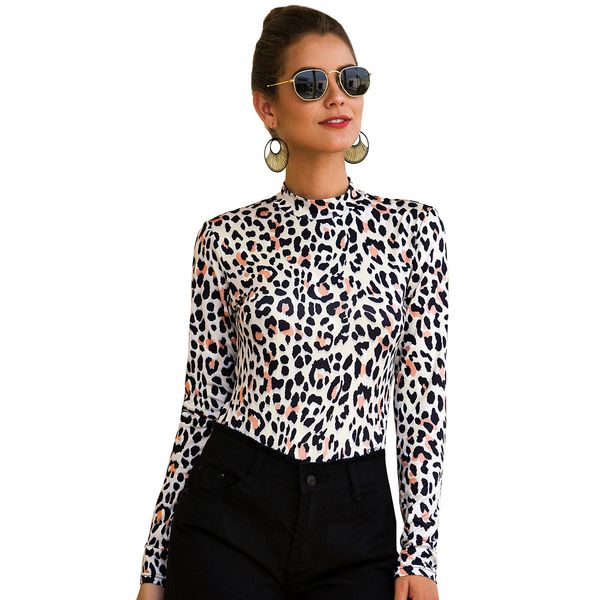 

autumn winter fashion women's leopard tight jumpsuit t-shirt blouse long sleeve leopard print t-shirt women's silm jumpsuit blouse, White