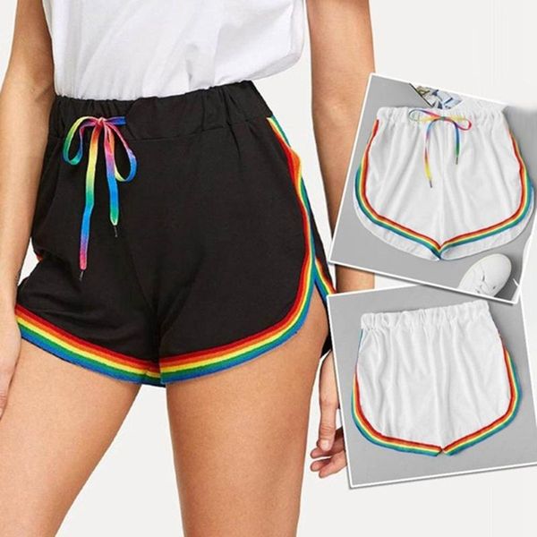 

women rainbow print lace up shorts beach ants soft casual shorts running summer women pockets workout wear #4.9, White;black