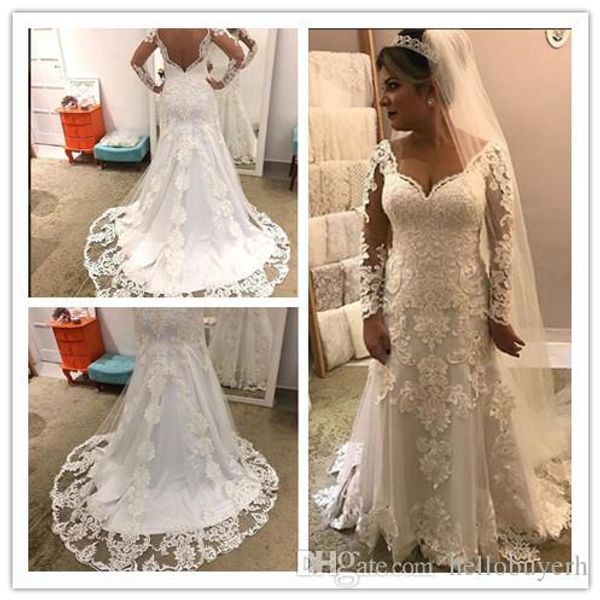 

sheath lace long sleeve luxury wedding dress backless 2019 new sweetheart wedding gowns nigeria 3d flowers sleeves, White
