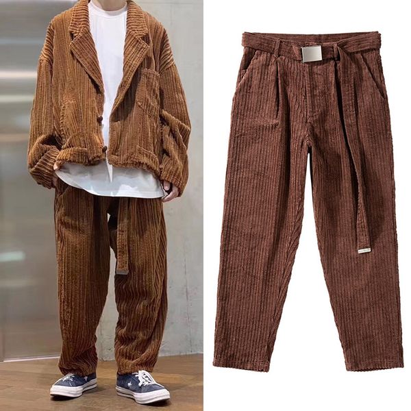 

harajuku corduroy sashes straight mens pants loose casual streetwear baggy track pants harajuku oversize hip hop men trousers, Black