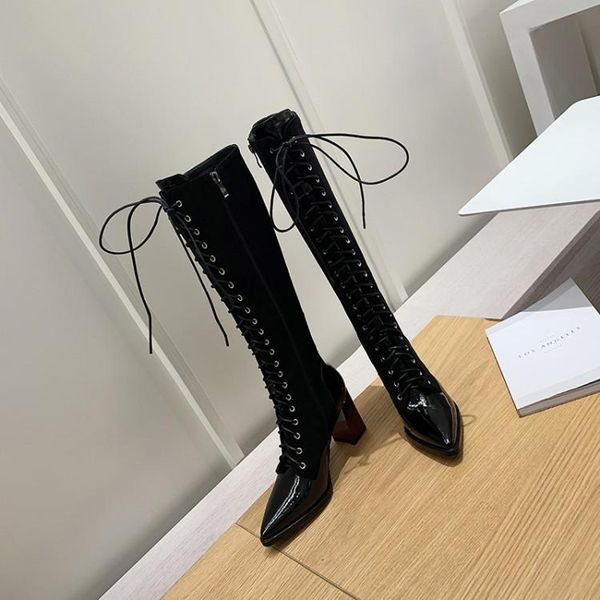 

faux suede slim boots patchwork wine red black flock leather zapatos de mujer cross tied side zipper lady shoes wood high heels