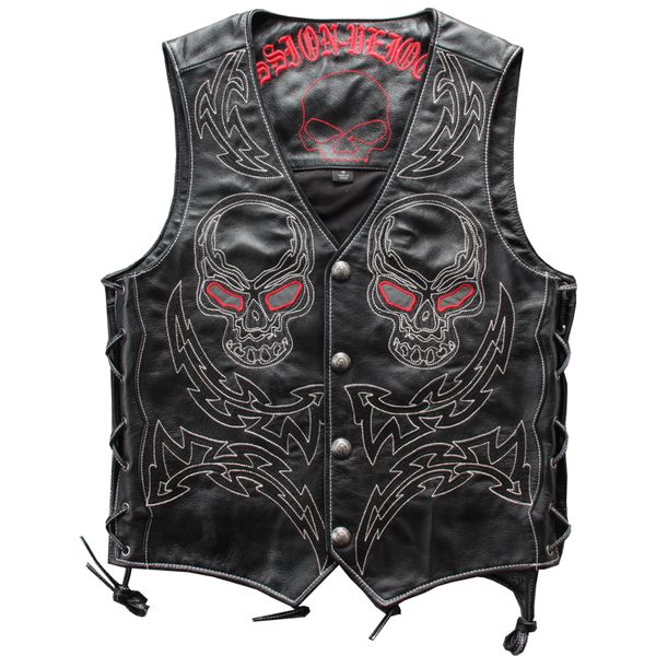 

skull leather vest import cow skin vintage vest embroidery real leather, Black