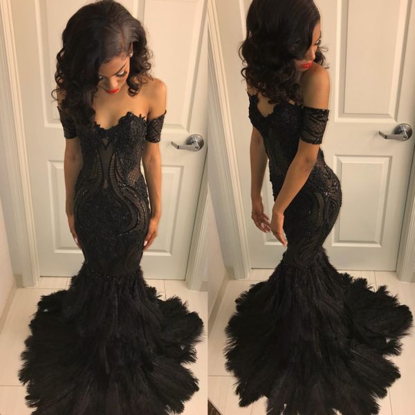 

chic black beaded mermaid prom dresses sequined off the shoulder neck african evening gowns plus size sweep train feather formal dress