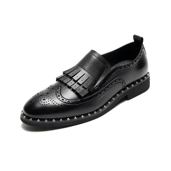 

mens luxury fashion wedding party dress cow leather brogue shoes slip-on lazy rivets shoe breathable tassel loafers zapatos male, Black