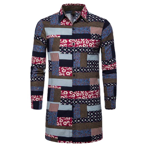 

autumn winter long sleeve loose shirt men men's shirts streetwear nationality printed outwear male blouse camisas hombre, White;black