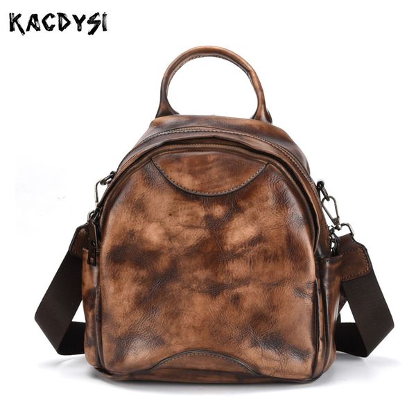 

nature cow leather handmade small women backpack retro trend brush color girls school bag modern stylish travel bag