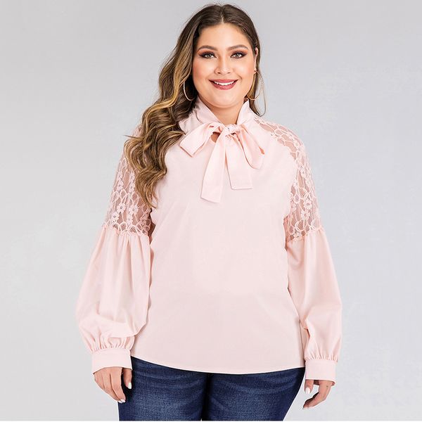 

women summer blouse plus size elegant lace up bow tie lace patchwork long sleeve blouse pink sweet ladies, White
