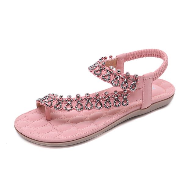 

sweet flower flat sandalias bohemian crystal floral elastic band shoes summer woman clip toe sandals beach flip flops, Black