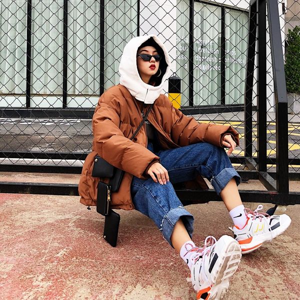 

women's winter 2018 plain color stitched hooded long sleeve, loose and thick cotton version of lazy parkas coat, Black