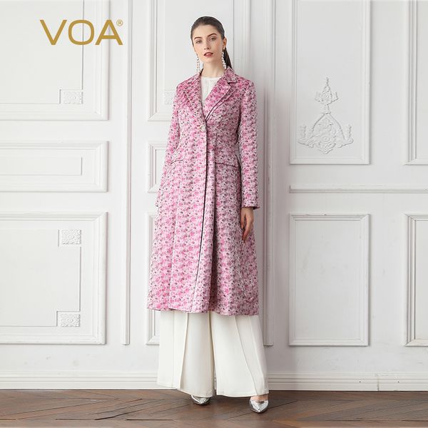 

voa runway silk long trench coat women pink sweet one button outerwear slim tunic overcoat elegant luxury clothes fall f308, Tan;black